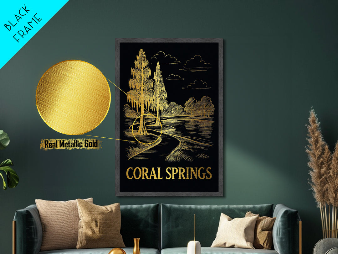 Coral Springs Florida art, Metallic Gold Art, Travel Art Prints, Metal Art, Wood Framed Art, Adventure Lover Gift, Traveler Gift