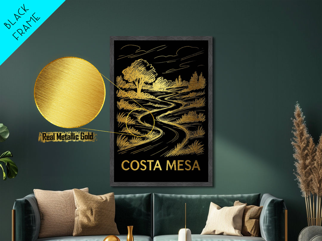 Costa Mesa California art, Metallic Gold Art, Housewarming Gift, Metal Art, Wood Framed Art, Newlywed Travel Gift, Honeymoon Gift