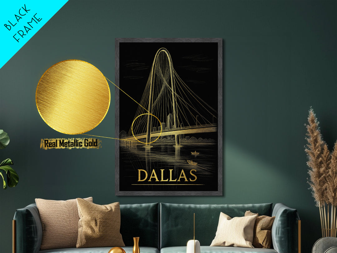 Dallas Texas art, Metallic Gold Art, Office Decor, Metal Art, Wood Framed Art, Graduation Travel Gift, Destination Gift