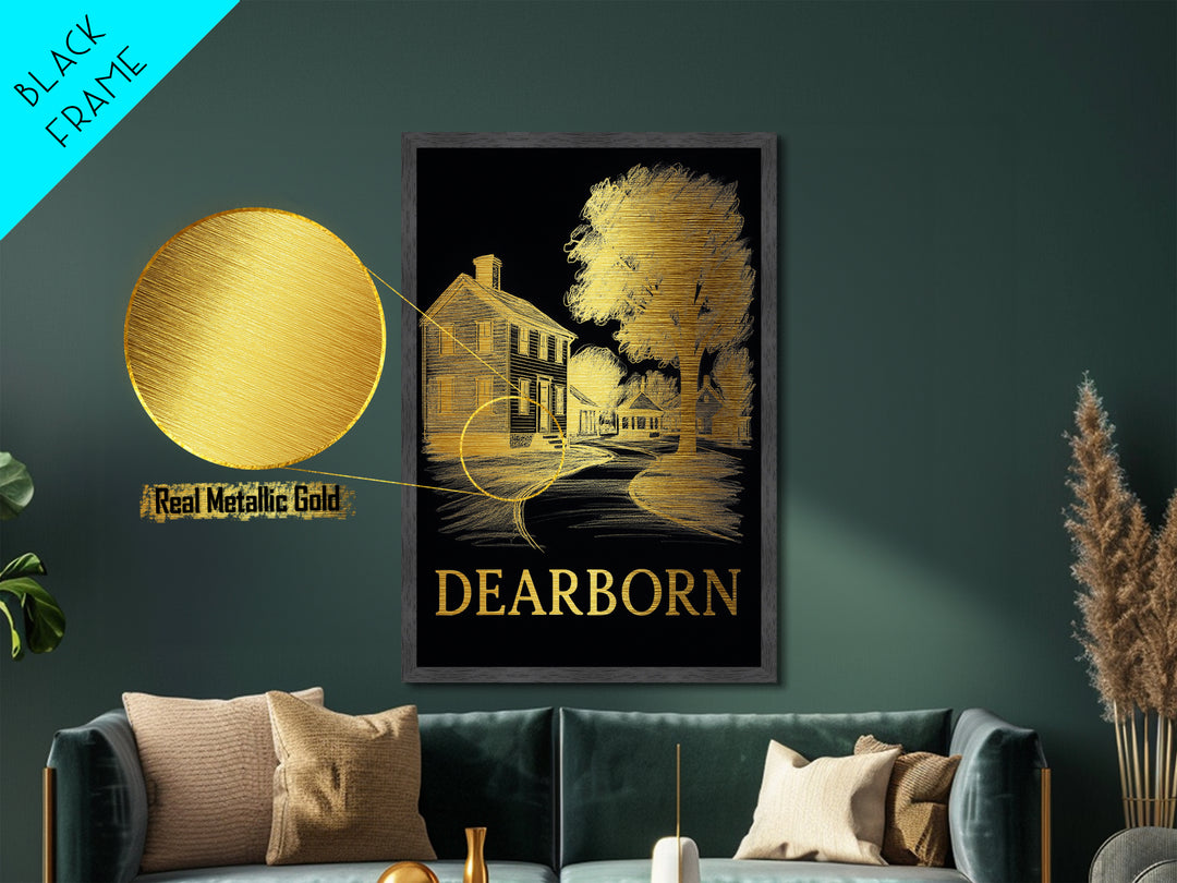 Dearborn Michigan travel, Metallic Gold Print, Modern House Art, Metal Art, Wood Framed Art, Traveler Gift, Destination Gift
