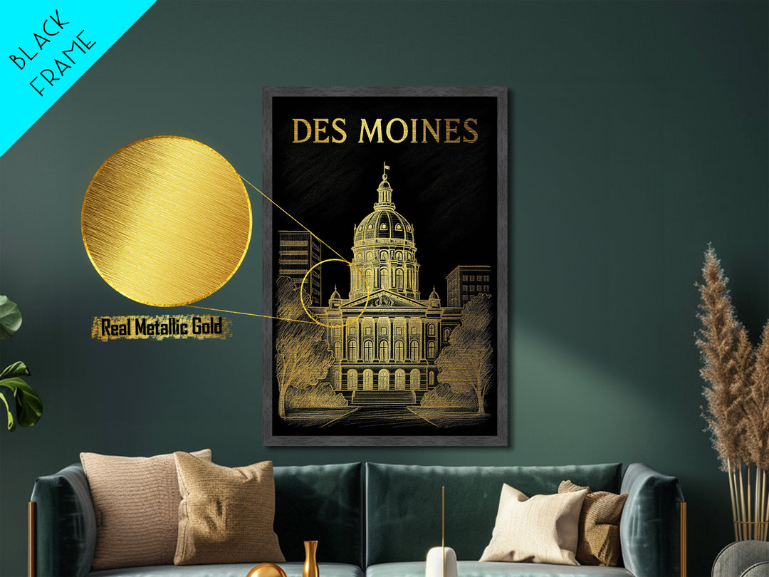 Des Moines Iowa travel, Metallic Gold Print, Closing Gift, Metal Art, Wood Framed Art, Anniversary Travel Gift, Retirement Travel Gift