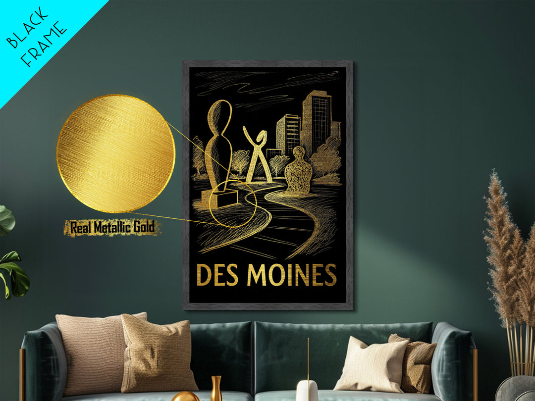 Des Moines Iowa art, Metallic Gold Art, Office Decor, Metal Art, Wood Framed Art, Graduation Travel Gift, Destination Gift