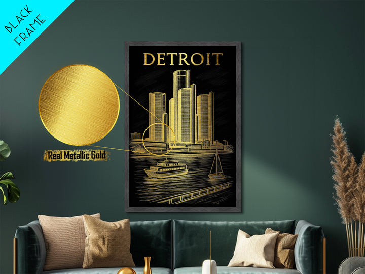 Detroit Michigan travel, Metallic Gold Print, Modern House Art, Metal Art, Wood Framed Art, Wanderlust Gift, Travel Art Prints