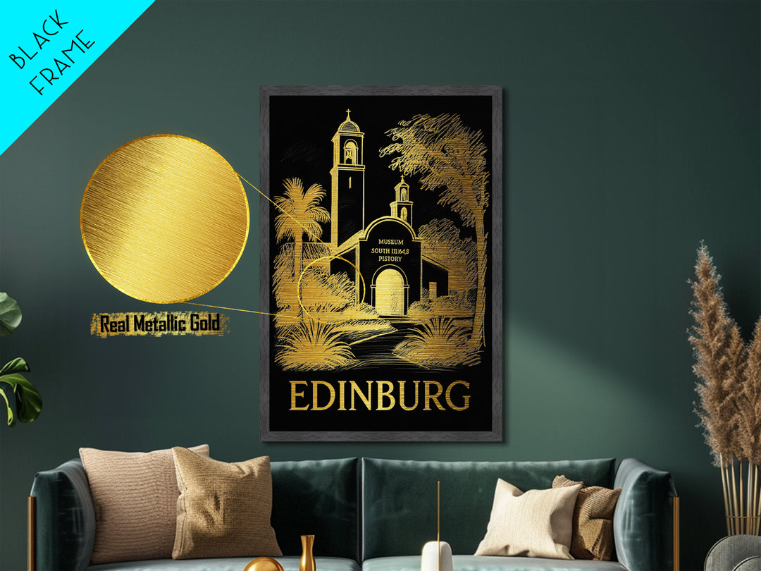 Edinburg Texas art, Metallic Gold Art, Housewarming Gift, Metal Art, Wood Framed Art, Newlywed Travel Gift, Honeymoon Gift