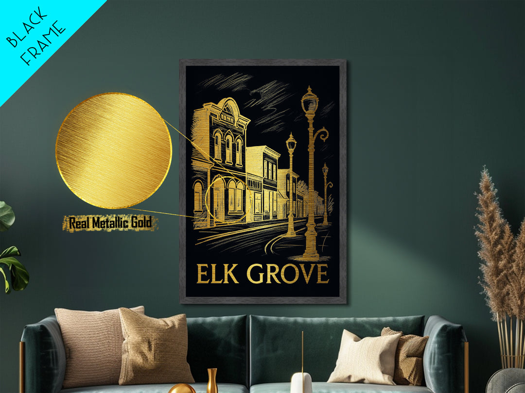Elk Grove California art, Metallic Gold Art, Housewarming Gift, Metal Art, Wood Framed Art, Newlywed Travel Gift, Honeymoon Gift