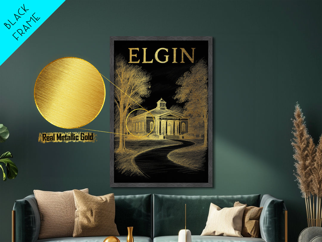 Elgin Illinois travel, Metallic Gold Print, Modern House Art, Metal Art, Wood Framed Art, Traveler Gift, Destination Gift