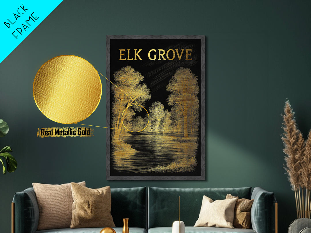 Elk Grove California travel, Metallic Gold Print, Modern Skyline Wall Print, Metal Art, Wood Framed Art, Adventure Lover Gift, Travel Gift