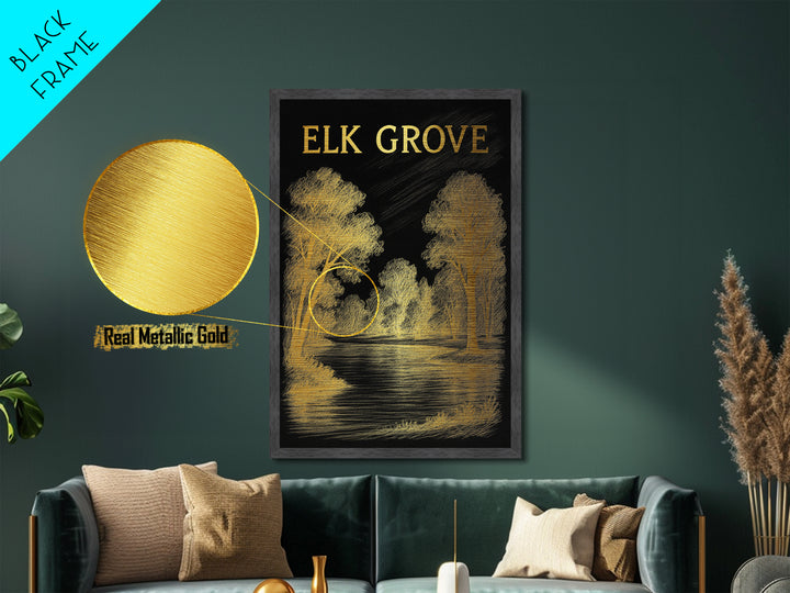 Elk Grove California travel, Metallic Gold Print, Modern Skyline Wall Print, Metal Art, Wood Framed Art, Adventure Lover Gift, Travel Gift
