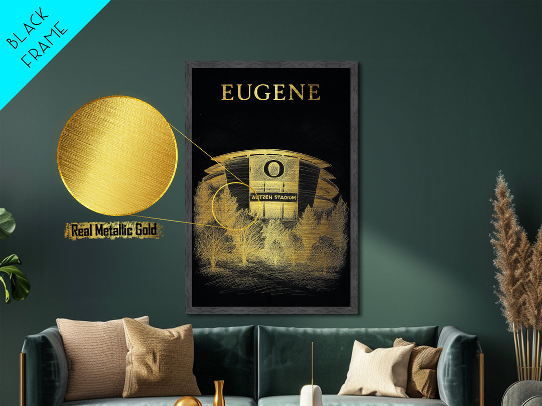 Eugene Oregon travel, Metallic Gold Print, College Dorm Décor, Metal Art, Wood Framed Art, Graduation Travel Gift, Traveler Gift
