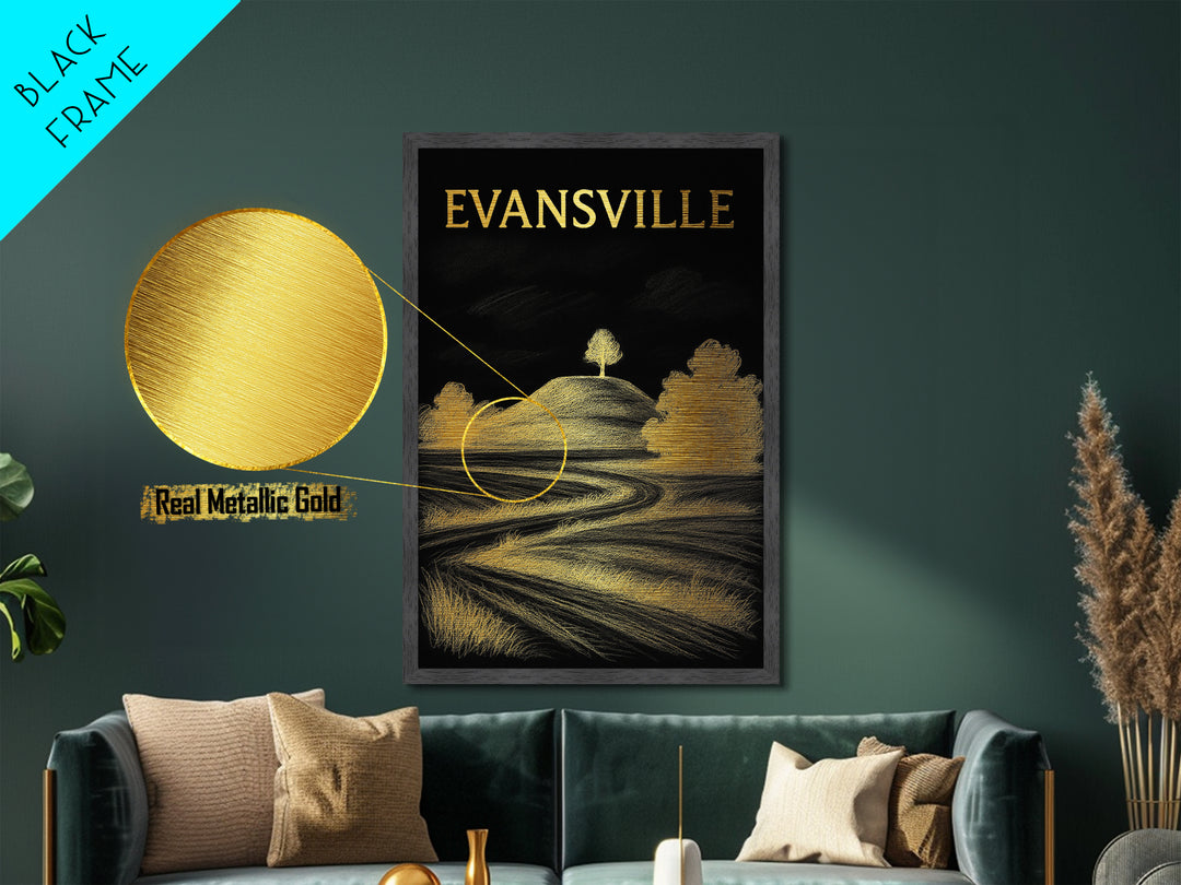 Evansville Indiana travel, Metallic Gold Print, Modern Skyline Wall Print, Metal Art, Wood Framed Art, Adventure Lover Gift, Travel Gift