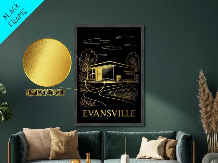 Evansville Indiana art, Metallic Gold Art, Housewarming Gift, Metal Art, Wood Framed Art, Newlywed Travel Gift, Honeymoon Gift