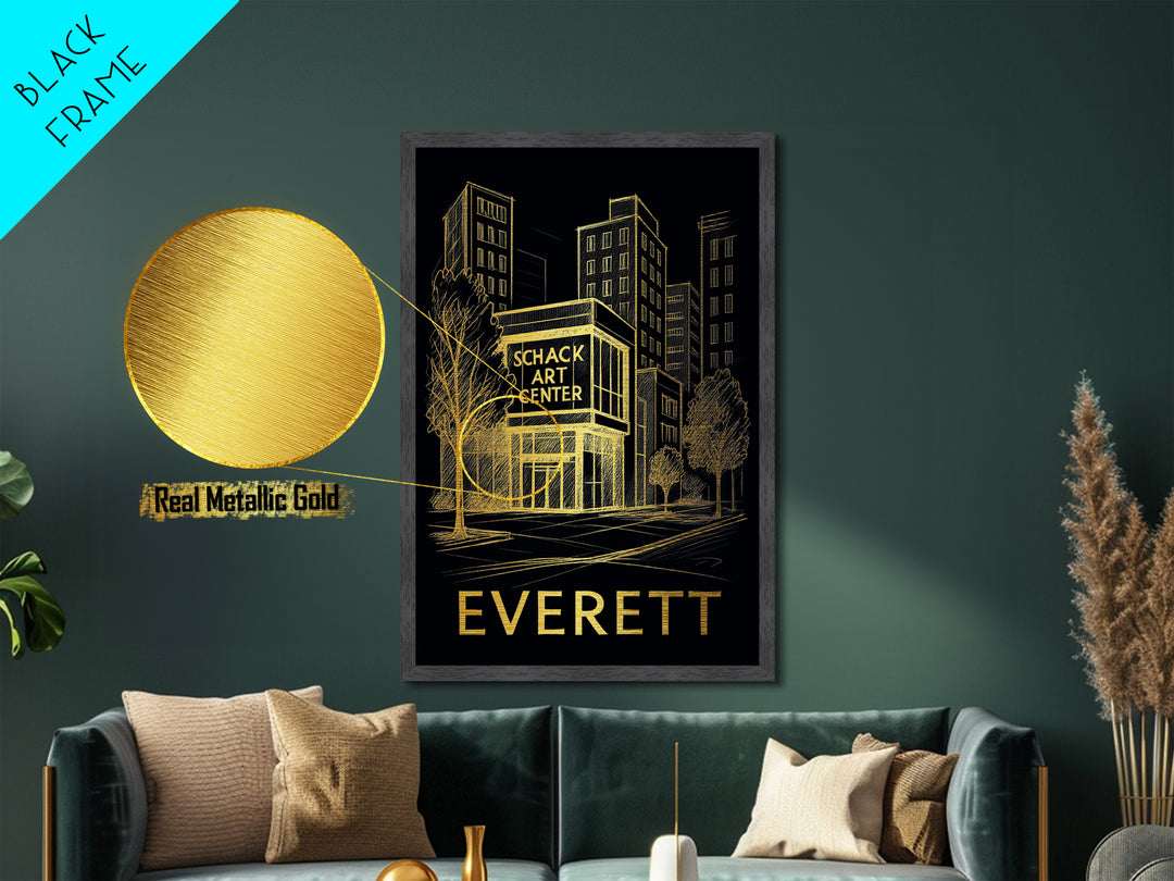 Everett Washington art, Metallic Gold Art, Office Decor, Metal Art, Wood Framed Art, Graduation Travel Gift, Destination Gift