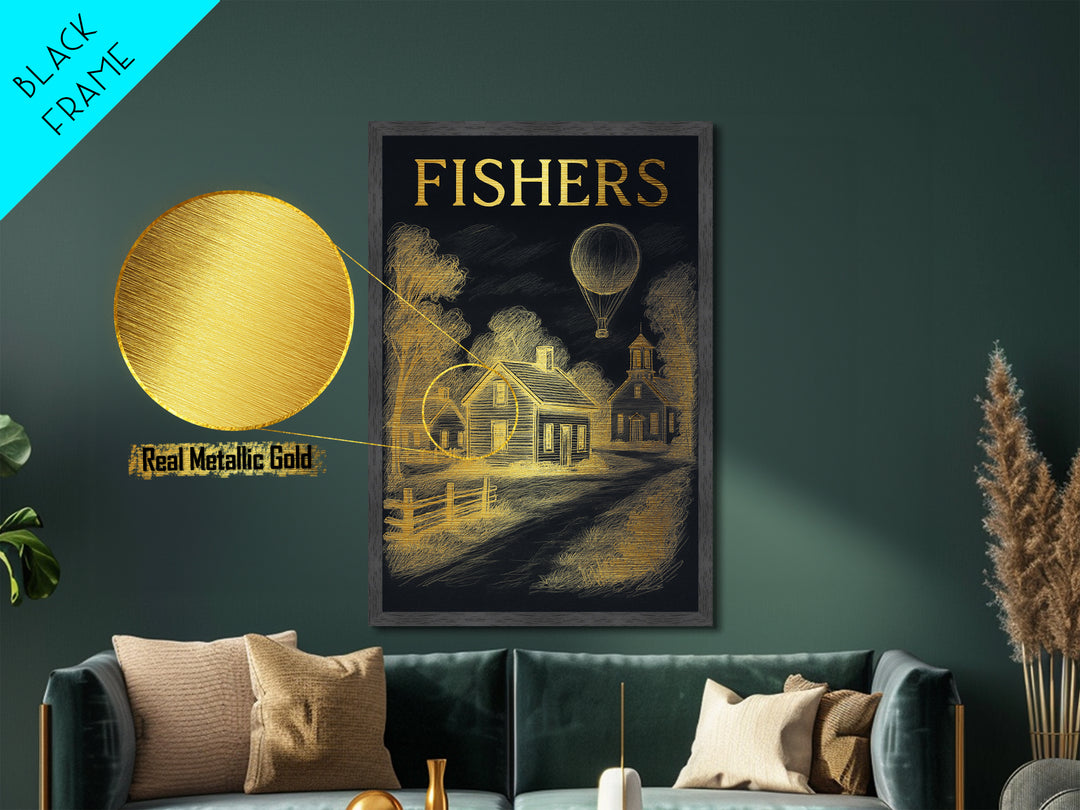 Fishers Indiana travel, Metallic Gold Print, Closing Gift, Metal Art, Wood Framed Art, Anniversary Travel Gift, Retirement Travel Gift