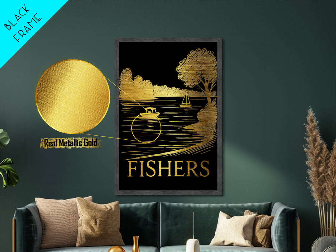 Fishers Indiana art, Metallic Gold Art, Office Decor, Metal Art, Wood Framed Art, Graduation Travel Gift, Destination Gift