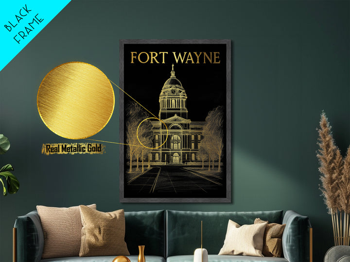Fort Wayne Indiana travel, Metallic Gold Print, Modern Skyline Wall Print, Metal Art, Wood Framed Art, Adventure Lover Gift