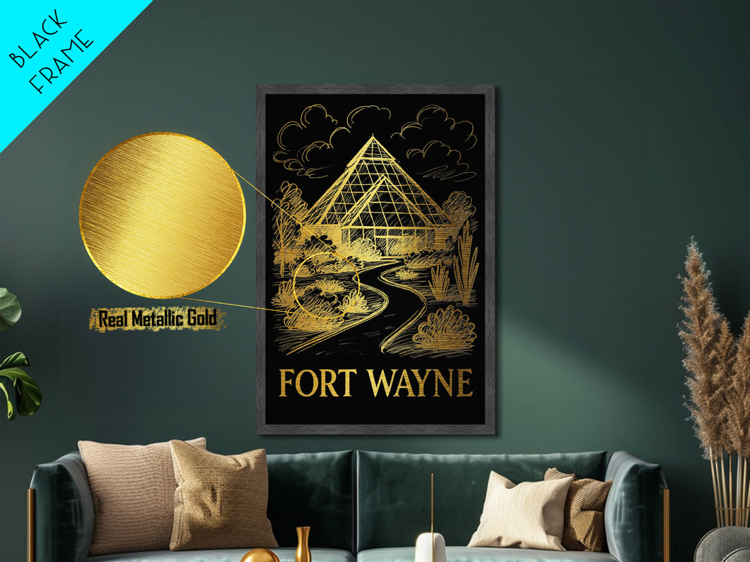 Fort Wayne Indiana art, Metallic Gold Art, Housewarming Gift, Metal Art, Wood Framed Art, Newlywed Travel Gift