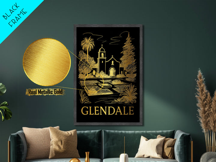 Glendale California travel, Metallic Gold Print, Closing Gift, Metal Art, Wood Framed Art, Anniversary Travel Gift