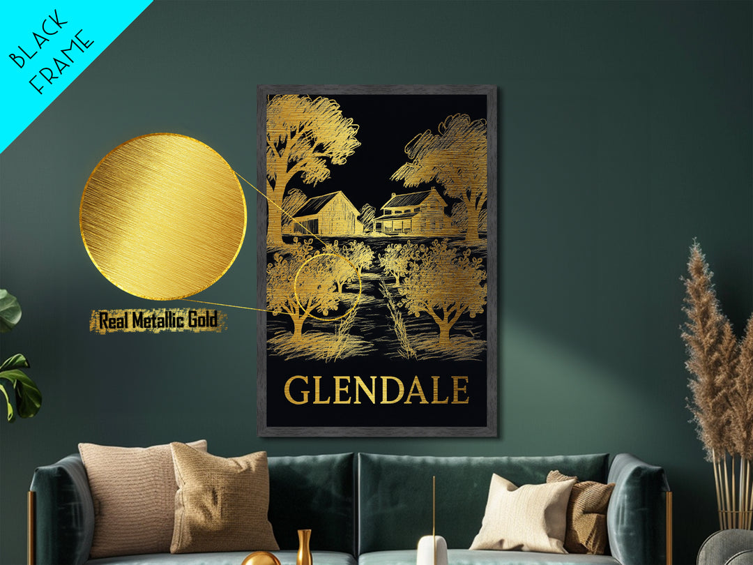Glendale California art, Metallic Gold Art, Office Decor, Metal Art, Wood Framed Art, Graduation Travel Gift