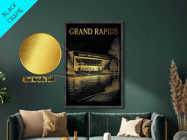 Grand Rapids Michigan travel, Metallic Gold Print, Closing Gift, Metal Art, Wood Framed Art, Anniversary Travel Gift