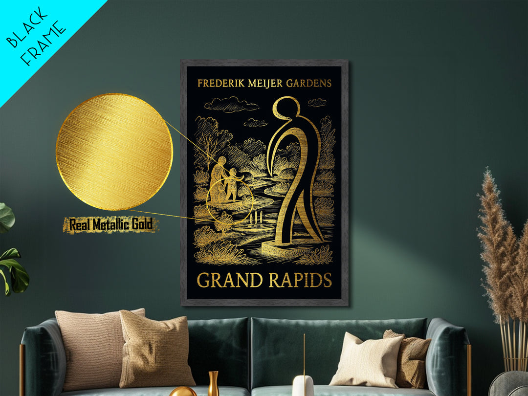 Grand Rapids Michigan art, Metallic Gold Art, Office Decor, Metal Art, Wood Framed Art, Graduation Travel Gift