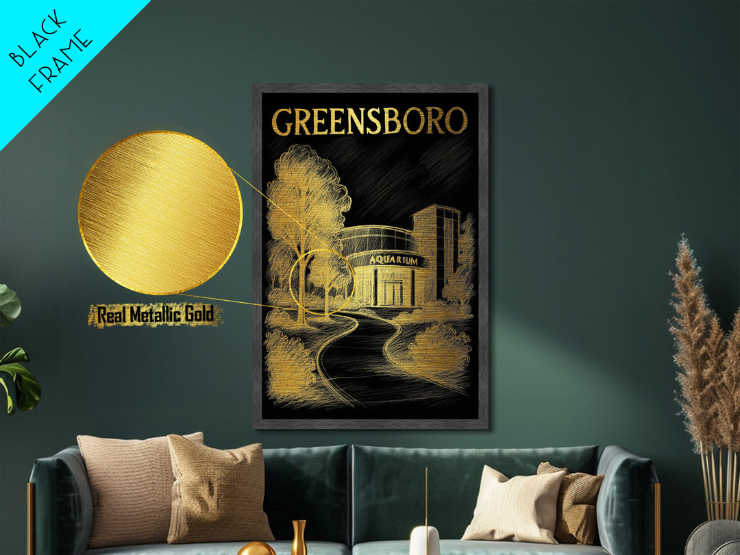 Greensboro North Carolina travel, Metallic Gold Print, College Dorm Décor, Metal Art, Wood Framed Art, Graduation Travel Gift