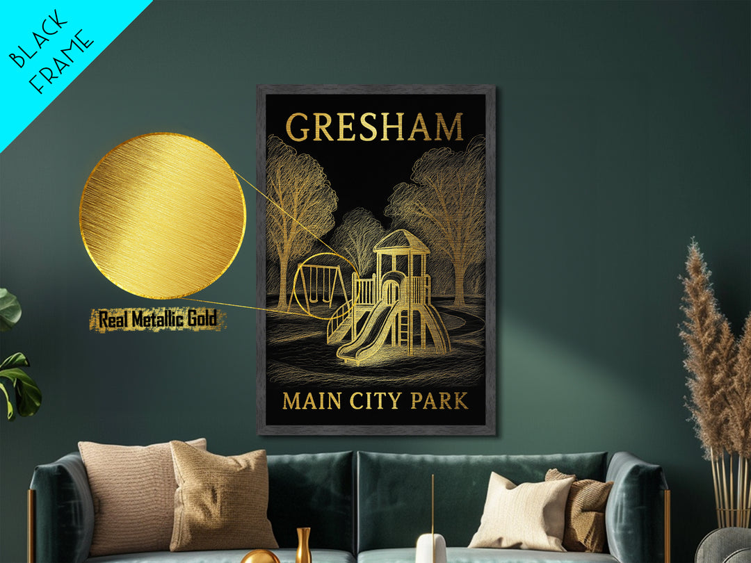 Gresham Oregon travel, Metallic Gold Print, Modern Skyline Wall Print, Metal Art, Wood Framed Art, Adventure Lover Gift, Travel Gift
