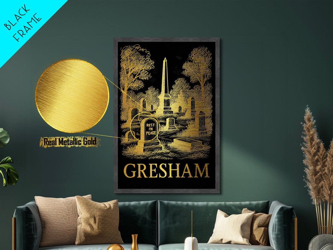 Gresham Oregon art, Metallic Gold Art, Housewarming Gift, Metal Art, Wood Framed Art, Newlywed Travel Gift, Honeymoon Gift