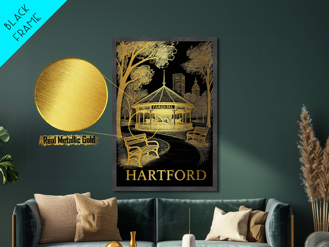 Hartford Connecticut art, Metallic Gold Art, Travel Art Prints, Metal Art, Wood Framed Art, Adventure Lover Gift, Traveler Gift
