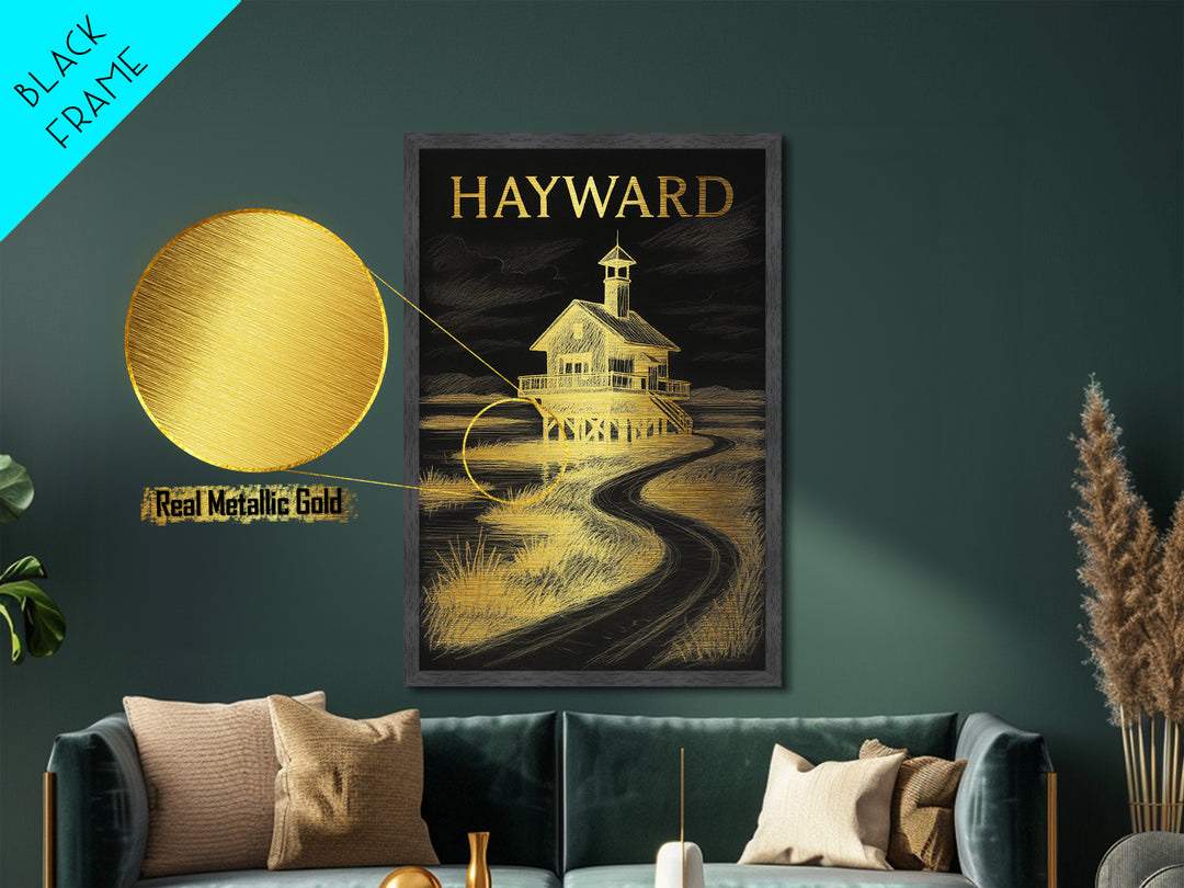 Hayward California travel, Metallic Gold Print, Modern House Art, Metal Art, Wood Framed Art, Traveler Gift, Destination Gift
