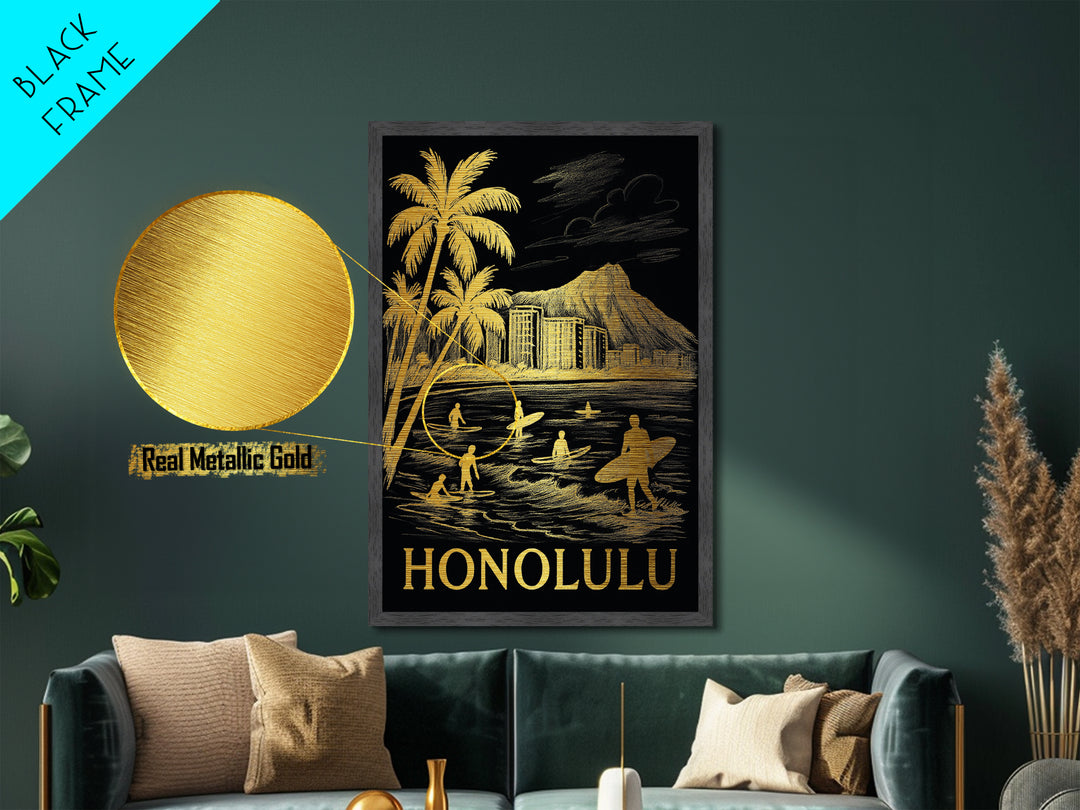 Honolulu Hawaii art, Metallic Gold Art, Housewarming Gift, Metal Art, Wood Framed Art, Newlywed Travel Gift, Honeymoon Gift