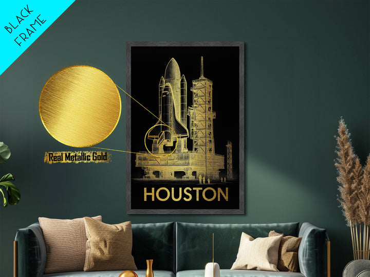 Houston Texas travel, Metallic Gold Print, Closing Gift, Metal Art, Wood Framed Art, Anniversary Travel Gift, Retirement Travel Gift
