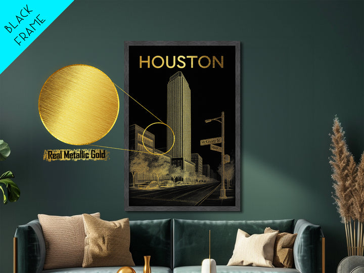 Houston Texas art, Metallic Gold Art, Office Decor, Metal Art, Wood Framed Art, Graduation Travel Gift, Destination Gift