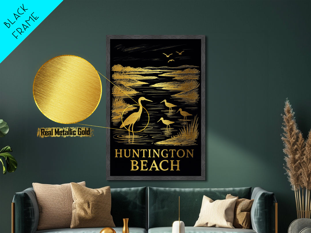 Huntington Beach California art, Metallic Gold Art, Travel Art Prints, Metal Art, Wood Framed Art, Adventure Lover Gift, Traveler Gift