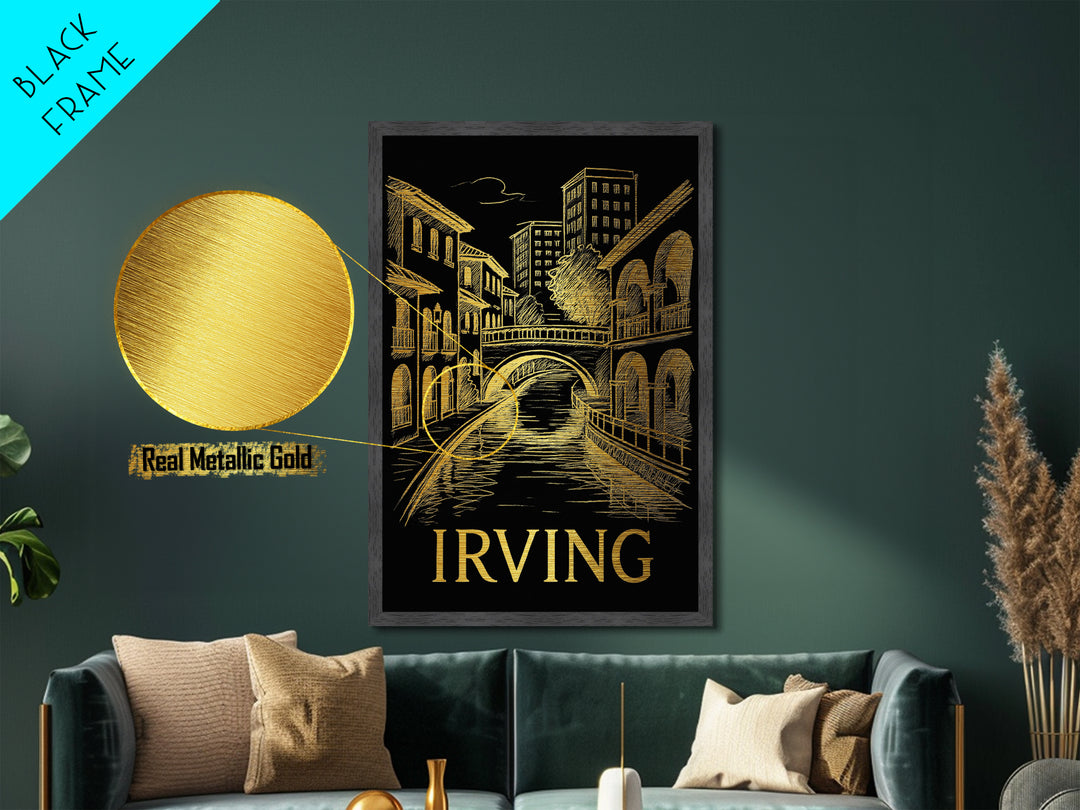 Irving Texas art, Metallic Gold Art, Housewarming Gift, Metal Art, Wood Framed Art, Newlywed Travel Gift, Honeymoon Gift