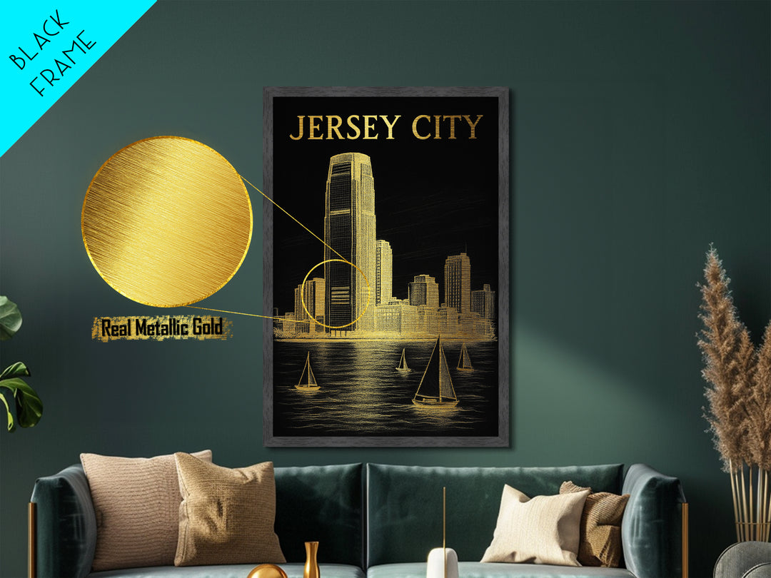 Jersey City New Jersey travel, Metallic Gold Print, Modern House Art, Metal Art, Wood Framed Art, Traveler Gift, Destination Gift