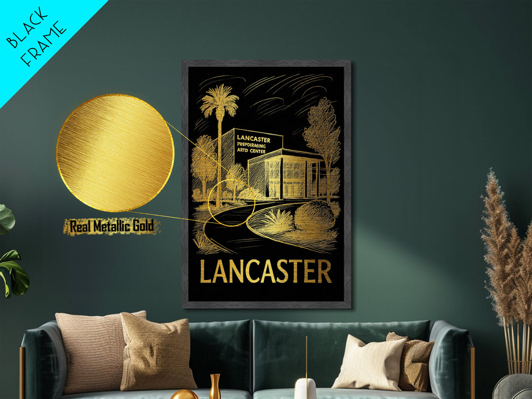 Lancaster California art, Metallic Gold Art, Housewarming Gift, Metal Art, Wood Framed Art, Newlywed Travel Gift, Honeymoon Gift