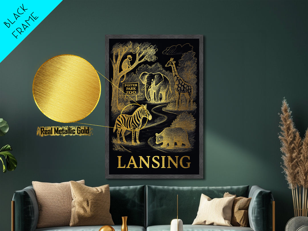 Lansing Michigan art, Metallic Gold Art, Office Decor, Metal Art, Wood Framed Art, Graduation Travel Gift, Destination Gift