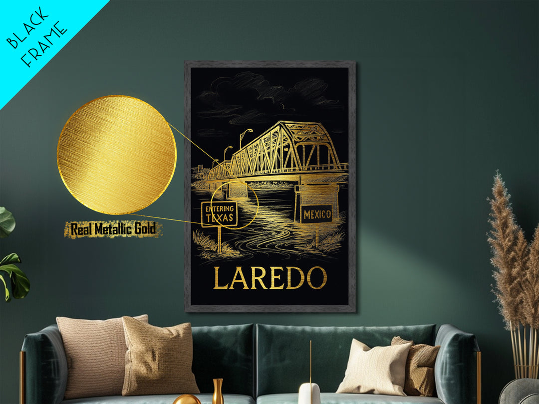 Laredo Texas art, Metallic Gold Art, Travel Art Prints, Metal Art, Wood Framed Art, Adventure Lover Gift, Traveler Gift