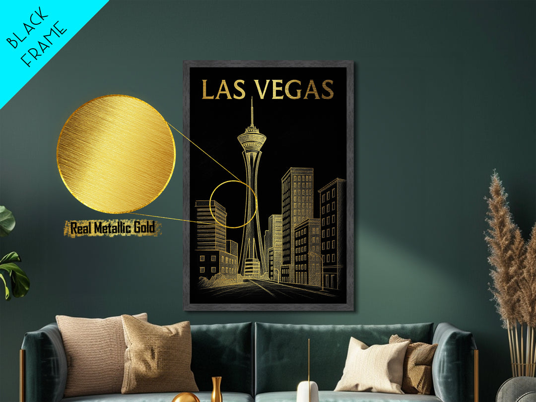 Las Vegas Nevada travel, Metallic Gold Print, Modern Skyline Wall Print, Metal Art, Wood Framed Art, Adventure Lover Gift, Travel Gift