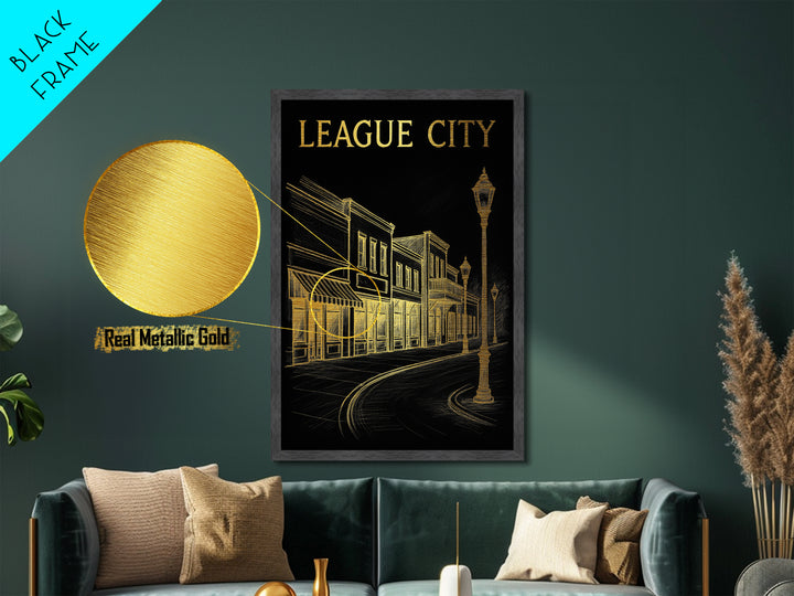 League City Texas travel, Metallic Gold Print, Closing Gift, Metal Art, Wood Framed Art, Anniversary Travel Gift, Retirement Travel Gift
