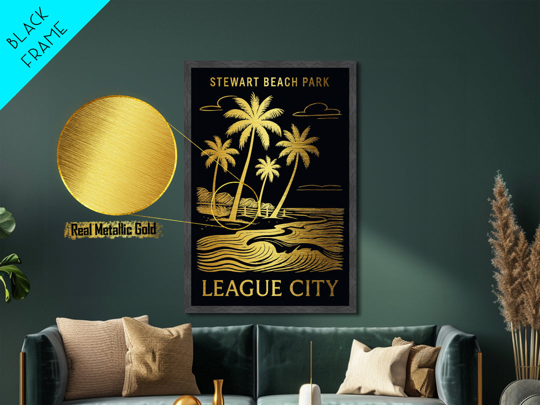 League City Texas art, Metallic Gold Art, Office Decor, Metal Art, Wood Framed Art, Graduation Travel Gift, Destination Gift