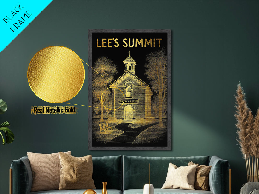 Lee’s Summit Missouri travel, Metallic Gold Print, Modern House Art, Metal Art, Wood Framed Art, Wanderlust Gift, Travel Art Prints