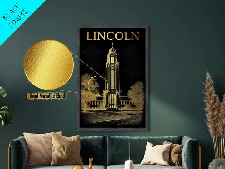 Lincoln Nebraska travel, Metallic Gold Print, Modern Skyline Wall Print, Metal Art, Wood Framed Art, Adventure Lover Gift, Travel Gift