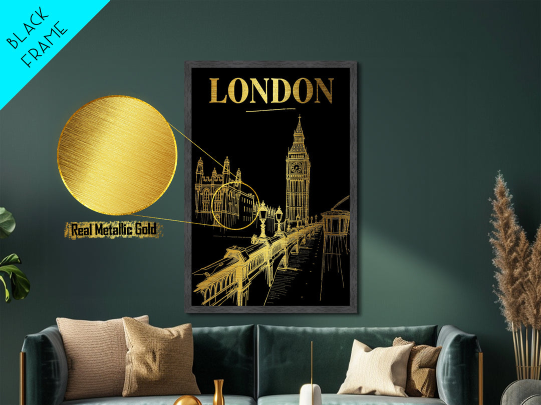 London travel, Metallic Gold Print, Modern House Art, Metal Art, Wood Framed Art, Best Friend Gifts, Wanderlust Gift