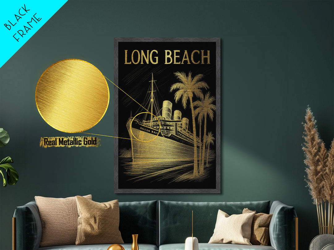 Long Beach California travel, Metallic Gold Print, Modern House Art, Metal Art, Wood Framed Art, Traveler Gift, Destination Gift
