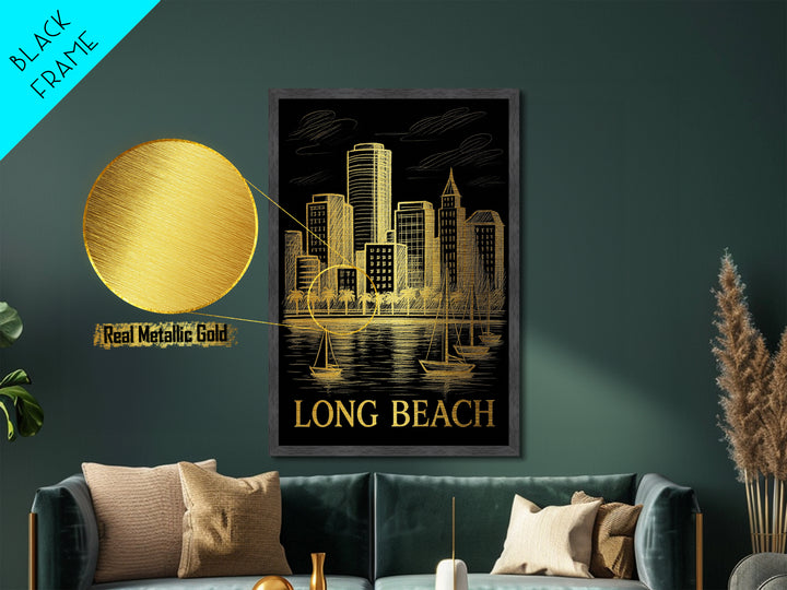 Long Beach California art, Metallic Gold Art, Modern House Art, Metal Art, Wood Framed Art, Graduation Travel Gift, Travel Gift