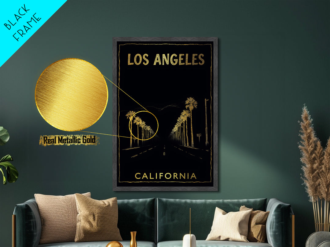 Los Angeles California travel, Metallic Gold Print, Modern Skyline Wall Print, Metal Art, Wood Framed Art, Adventure Lover Gift, Travel Gift