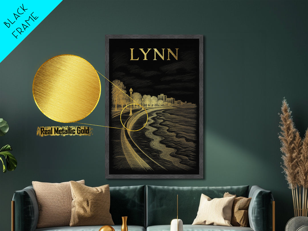 Lynn Massachusetts art, Metallic Gold Art, Modern Skyline Wall Print, Metal Art, Wood Framed Art, Adventure Lover Gift