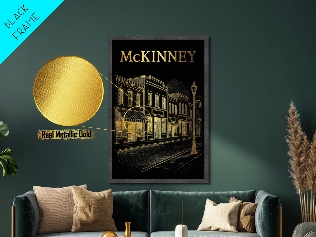 McKinney Texas travel, Metallic Gold Print, Modern Skyline Wall Print, Metal Art, Wood Framed Art, Adventure Lover Gift