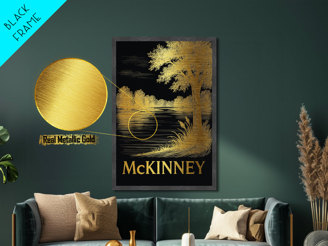 McKinney Texas art, Metallic Gold Art, Housewarming Gift, Metal Art, Wood Framed Art, Newlywed Travel Gift